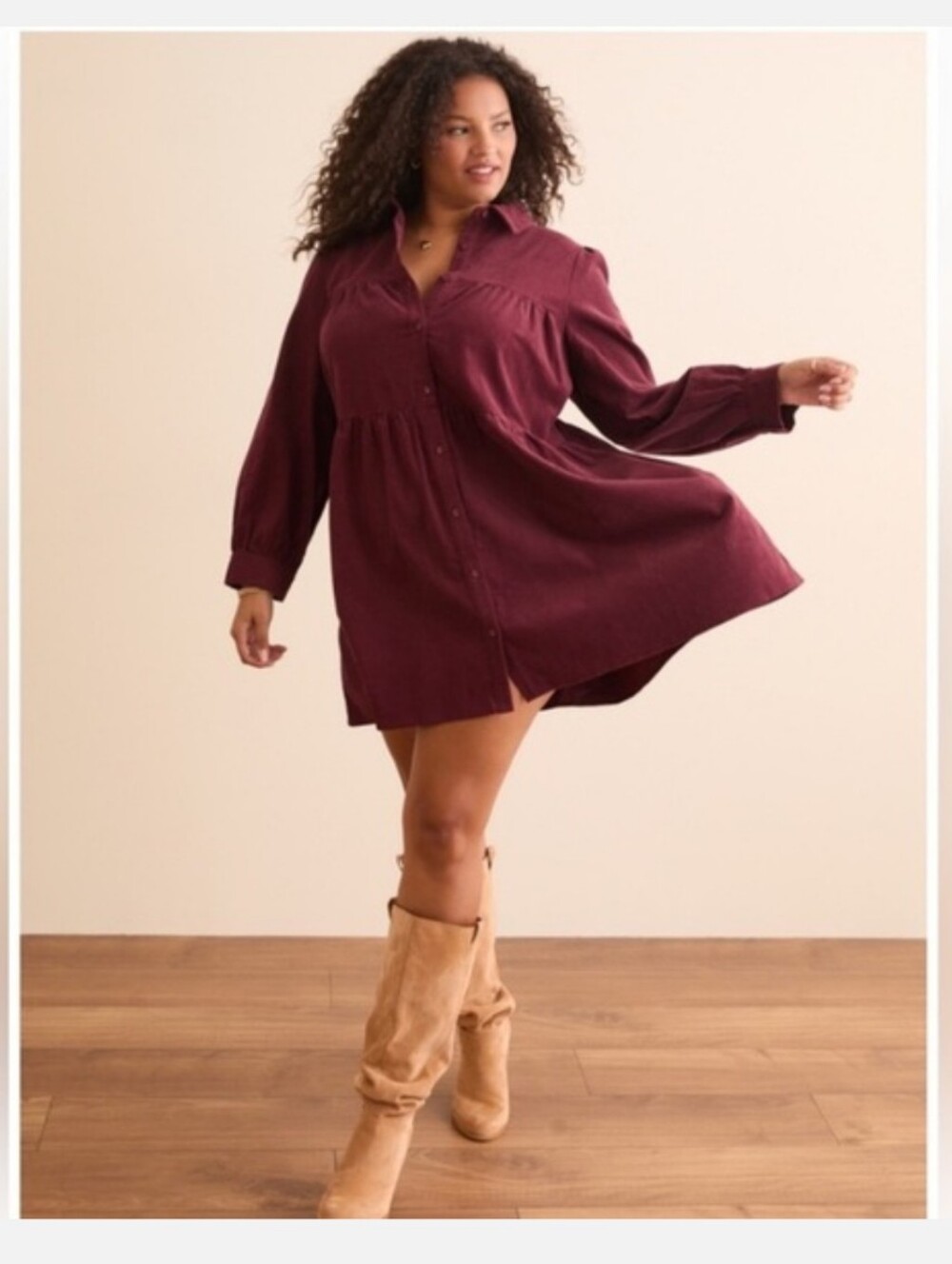 ARULA Burgundy Button-Front Long Sleeve Babydoll Dress - Picture 3 of 4